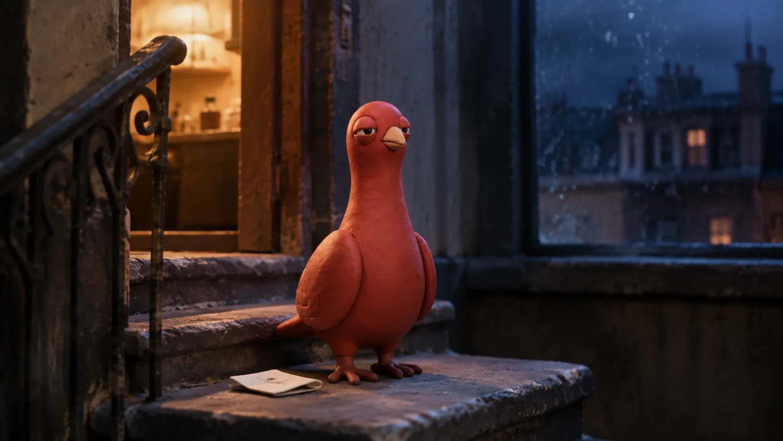 Pingo waits on an apartment stairwell beside a folded note, with warm light coming through a partly open door.