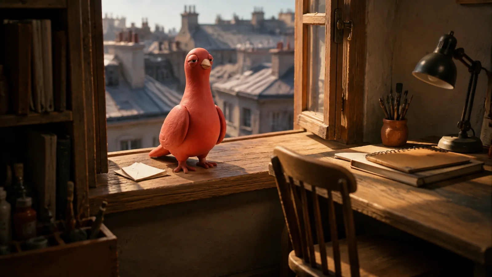 Pingo stands on the inside of an open studio window, beside a folded note and an empty chair.