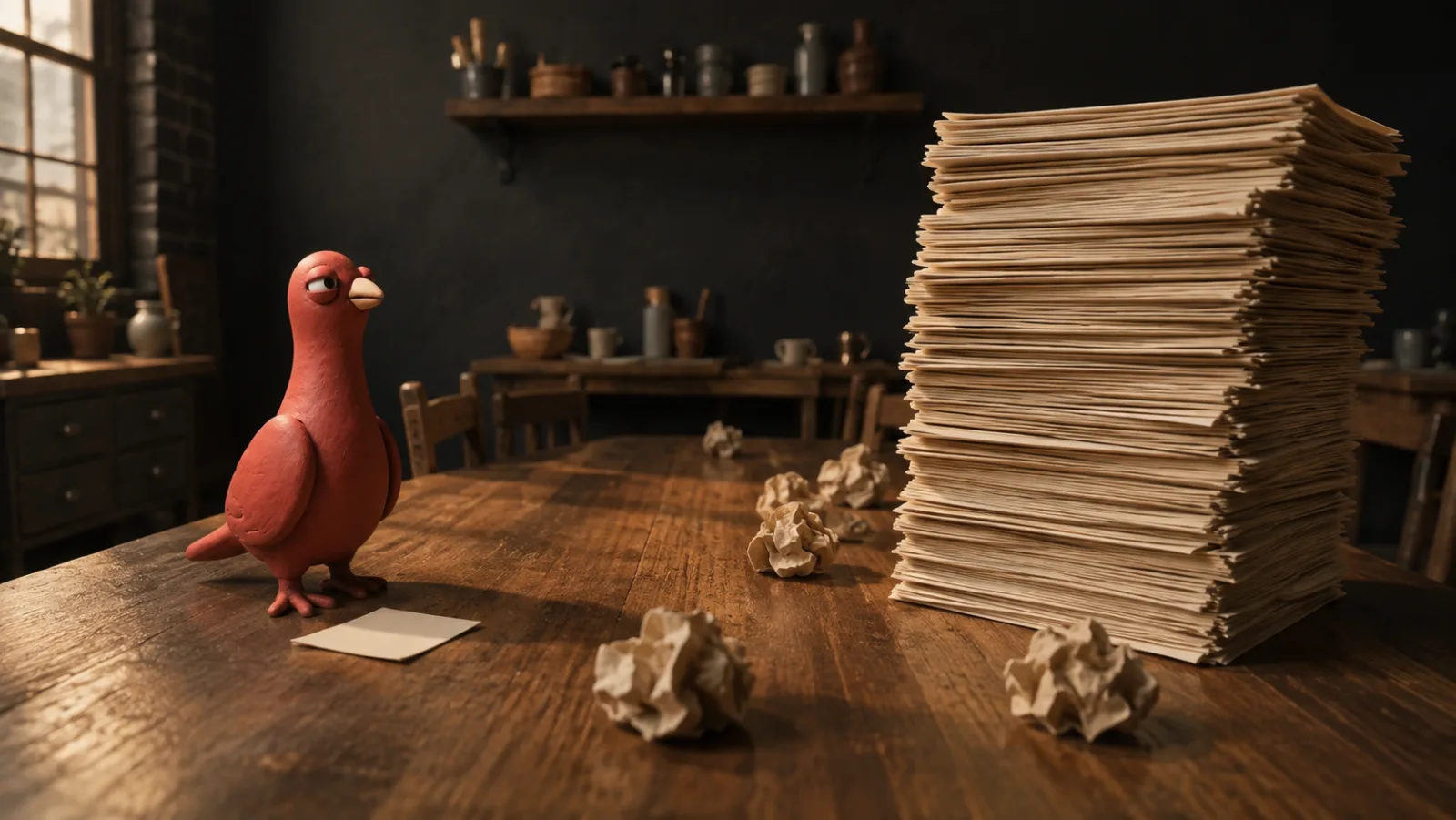 Pingo faces a towering stack of presentation papers across a conference table, with one small blank card beside him.