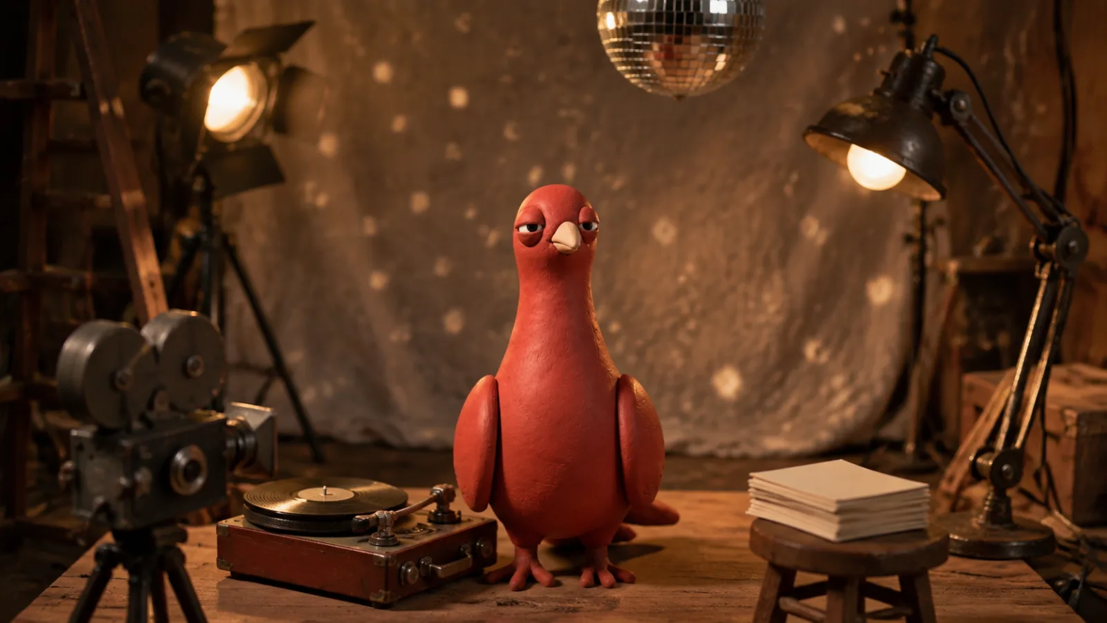 Pingo stands beside a record deck on a miniature comedy set, with a camera, studio lamps and a small disco ball.