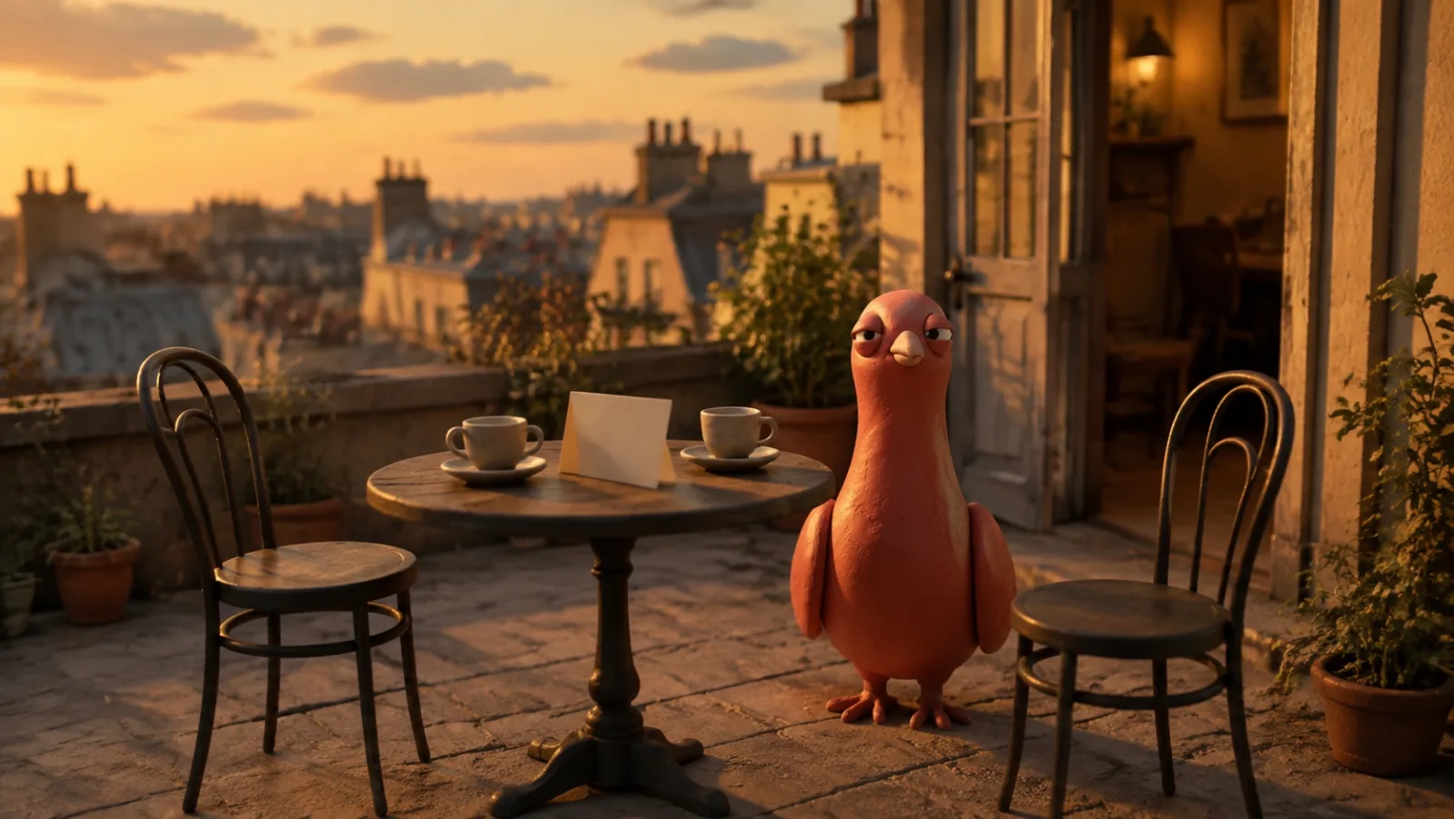 Pingo waits on a rooftop terrace beside a café table set with two cups, with an open door behind him in the evening light.