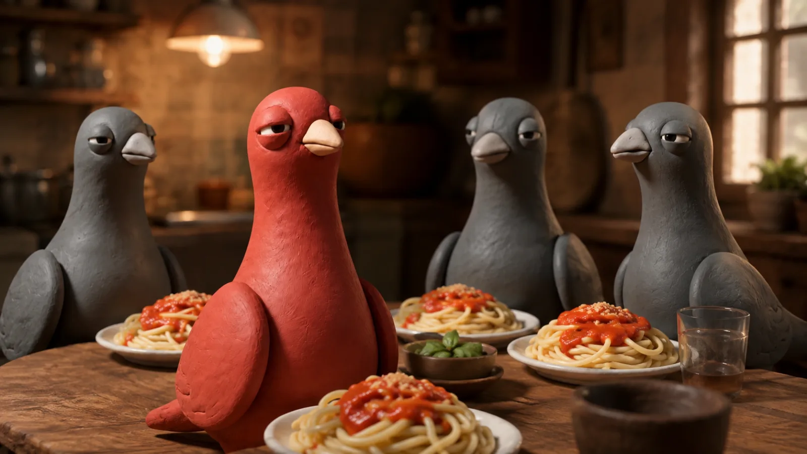 Pingo and his gray pigeon friends sit calmly around the table with freshly served pasta.