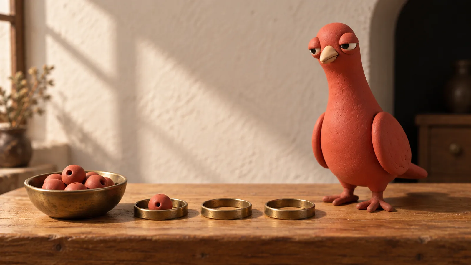 Pingo watches a bowl of terracotta beads beside three brass rings, with one bead resting in the first ring.