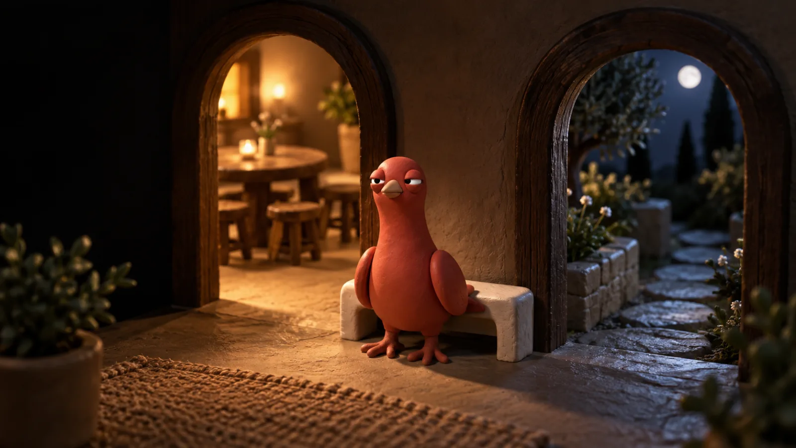 Pingo sits between a warmly lit gathering doorway and a quiet moonlit garden doorway.