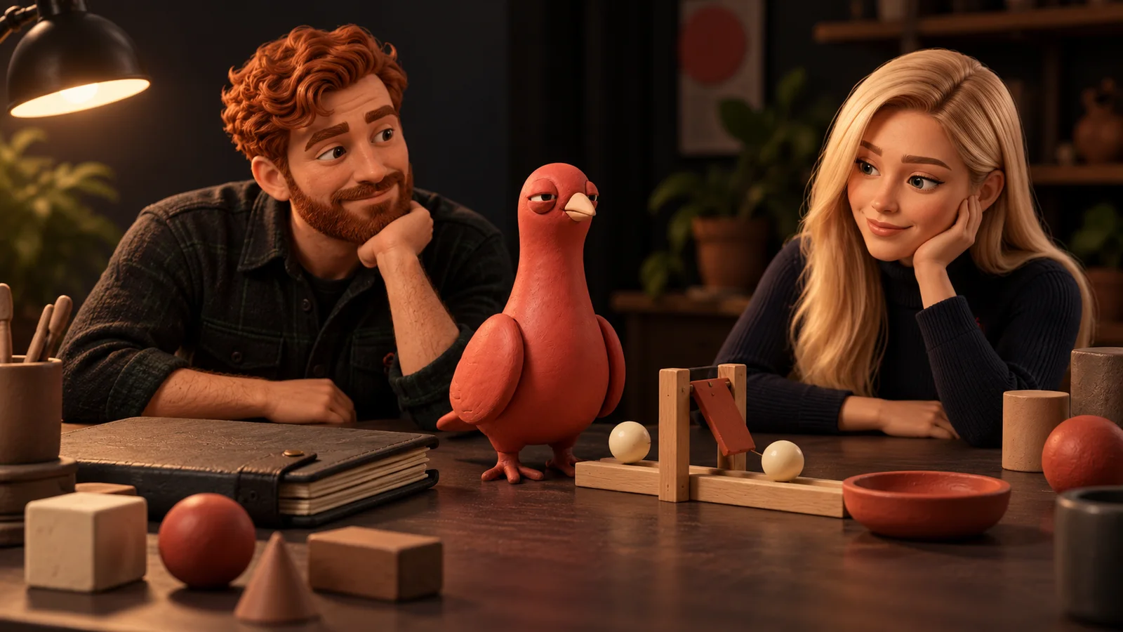 Two PingRoom avatars keep a detailed clay work folio at a table while Pingo watches one signal pass a repeat-safe gate.