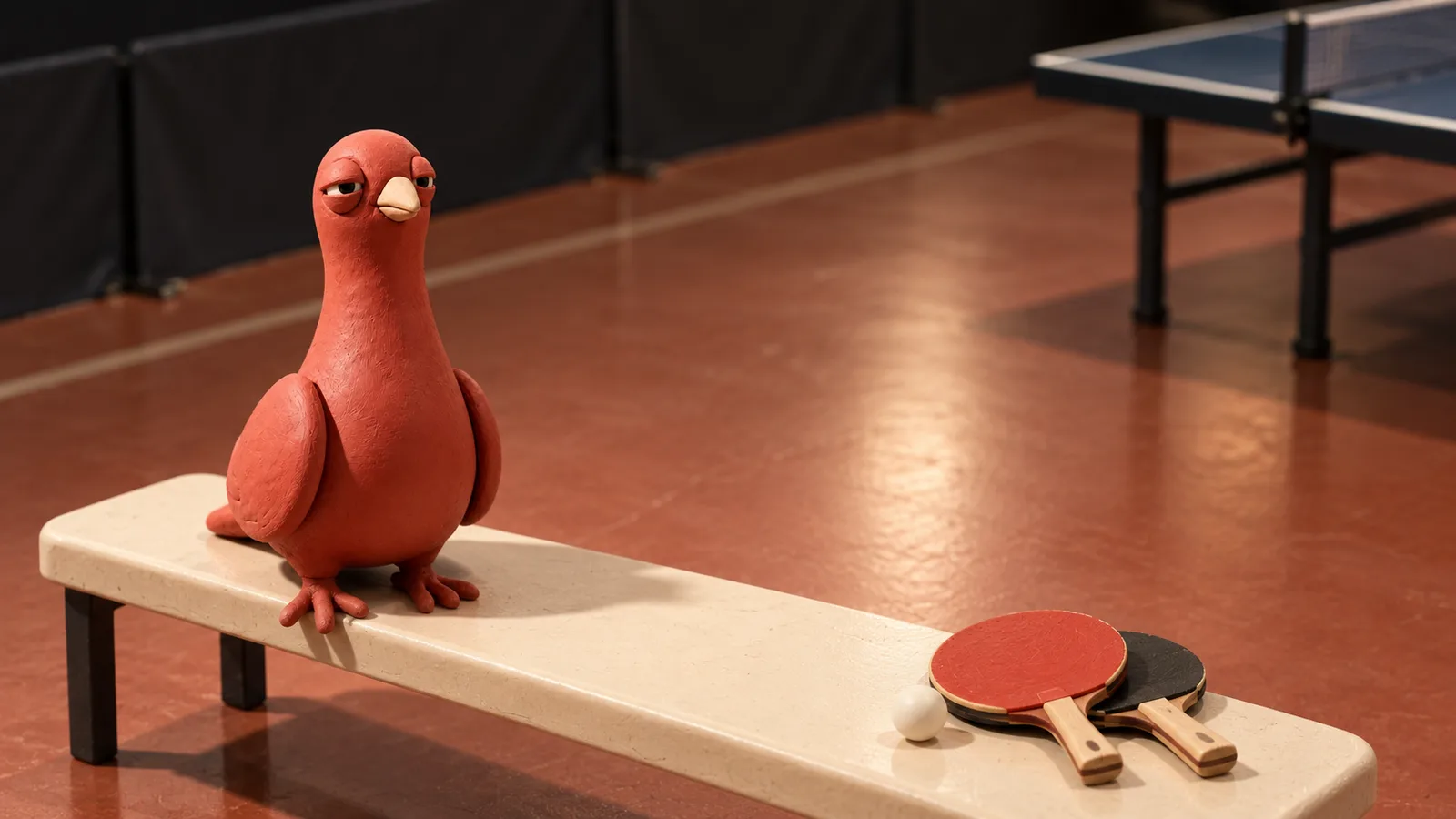 Pingo sits on a pale bench after a game, with two paddles and a ball at the other end and a table-tennis table behind him.