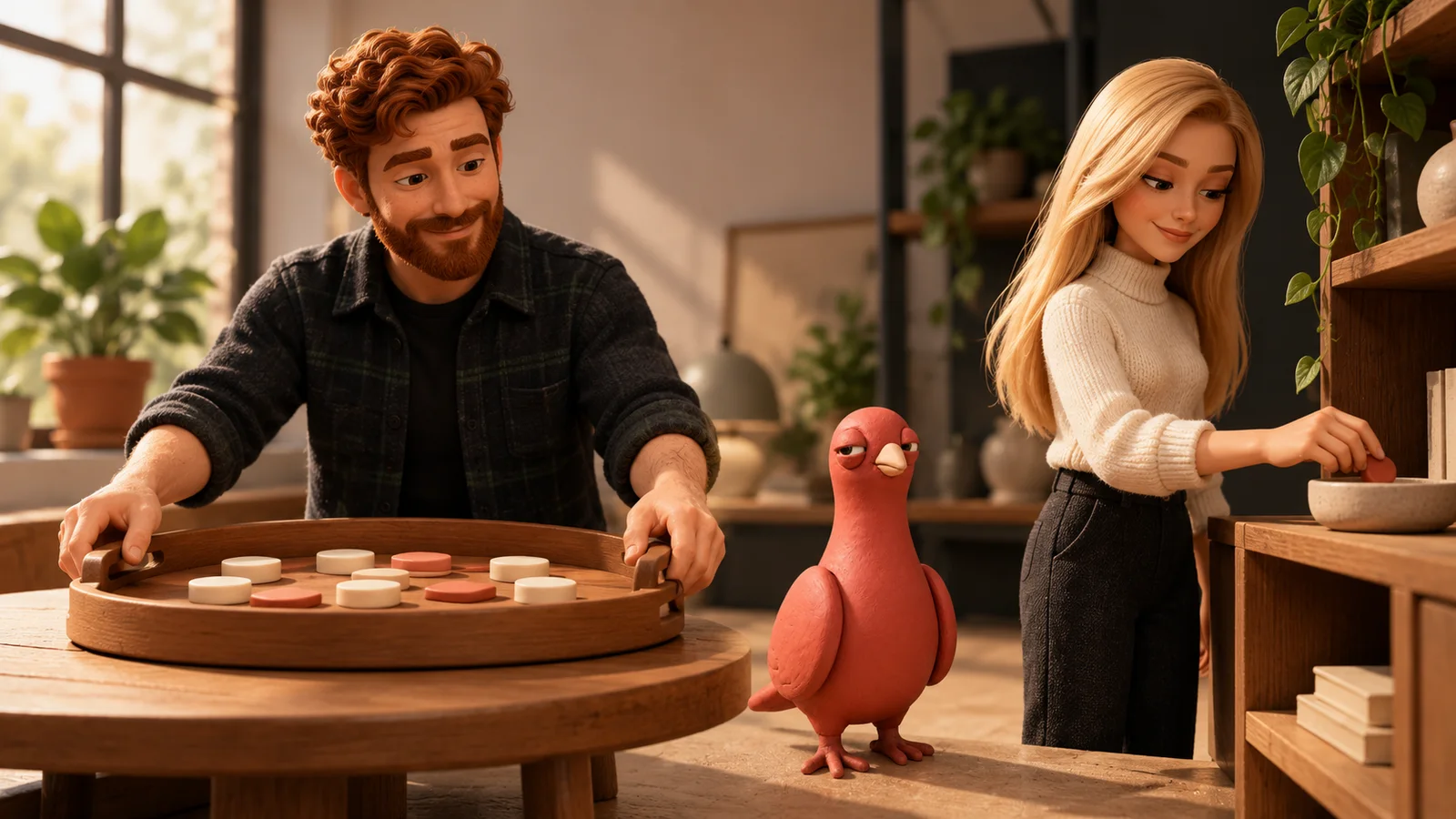 One PingRoom avatar pauses with both hands on an intact Room tray while another stores a single member token and Pingo looks on.