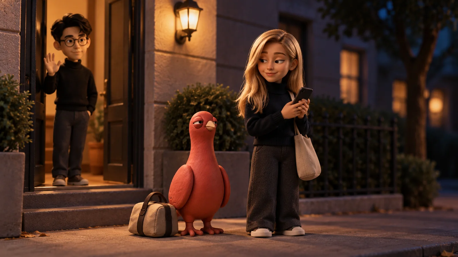 One friend waits outside with Pingo while another friend waves from the apartment doorway.