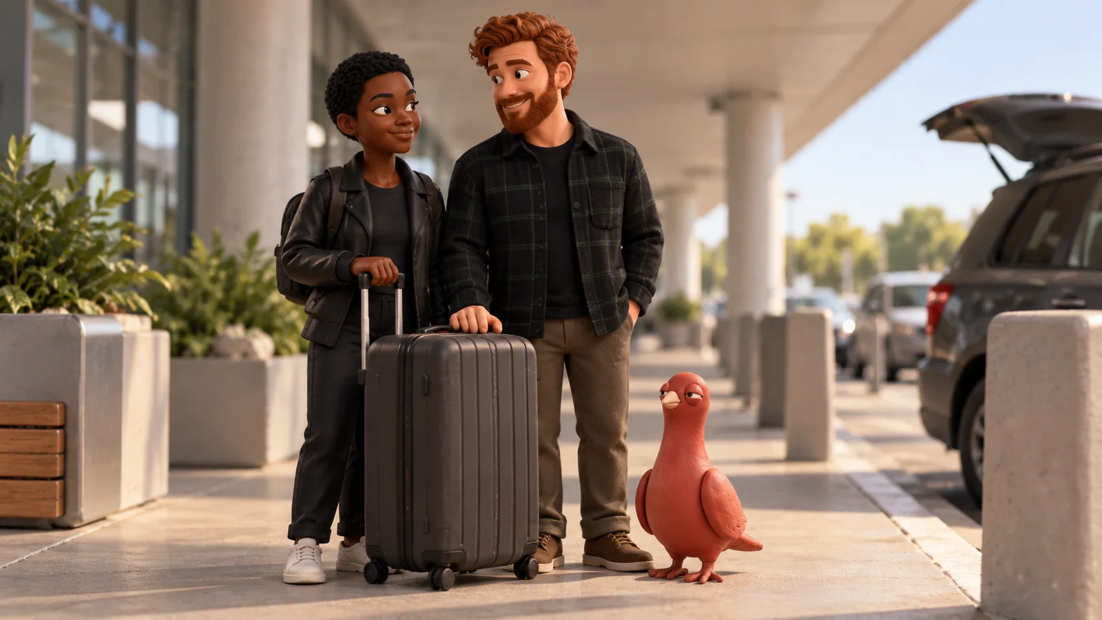 A traveler and family member reunite with their suitcase at an airport pickup zone while Pingo stands beside them.