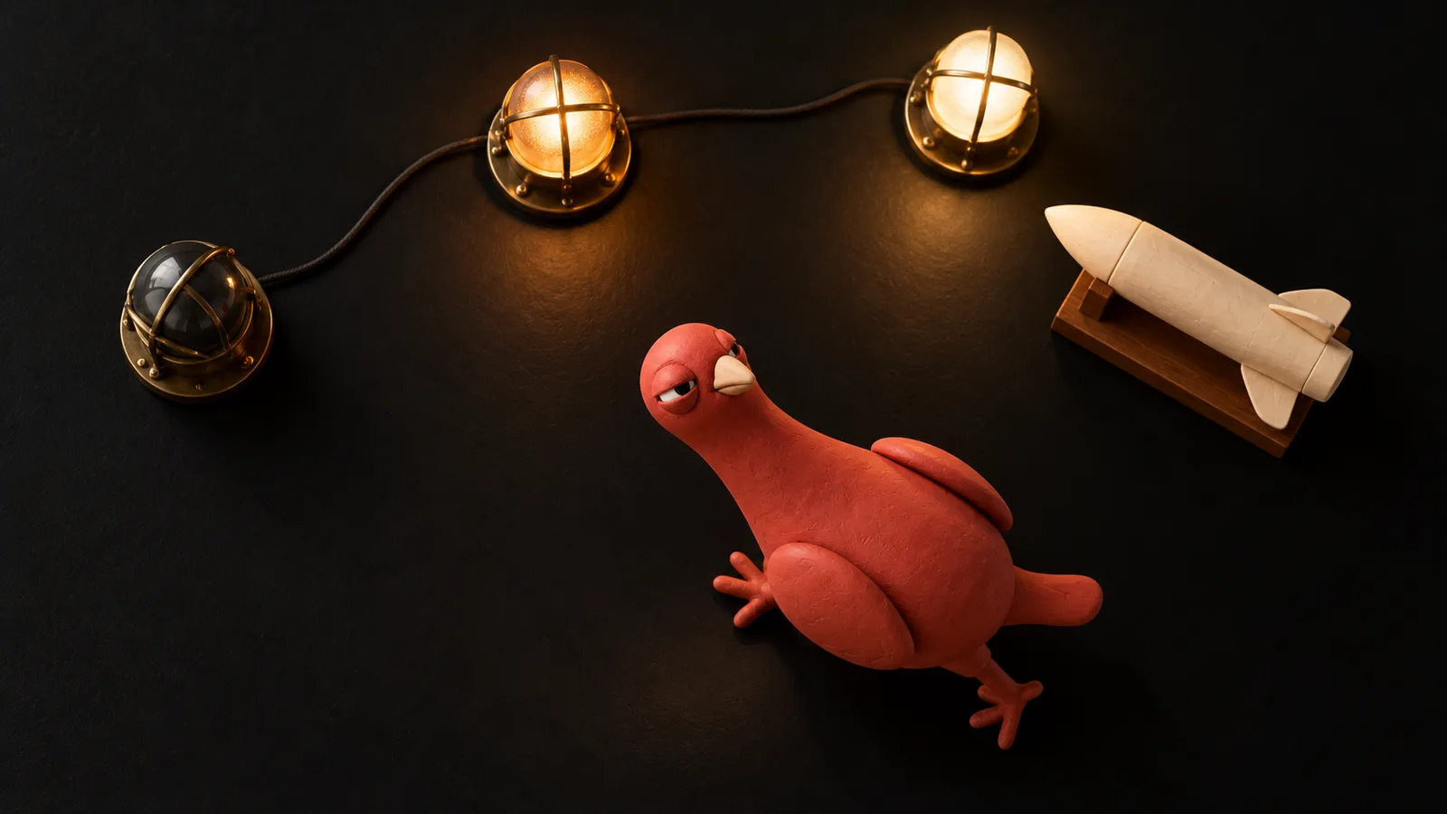 Seen from overhead, Pingo walks diagonally across a dark miniature table beside three connected signal lamps and an unmarked ivory rocket model.