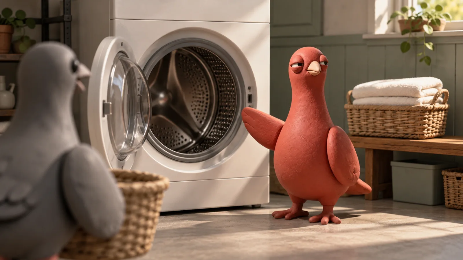 Pingo gestures toward an open, empty washer while a gray clay pigeon approaches with a laundry basket.