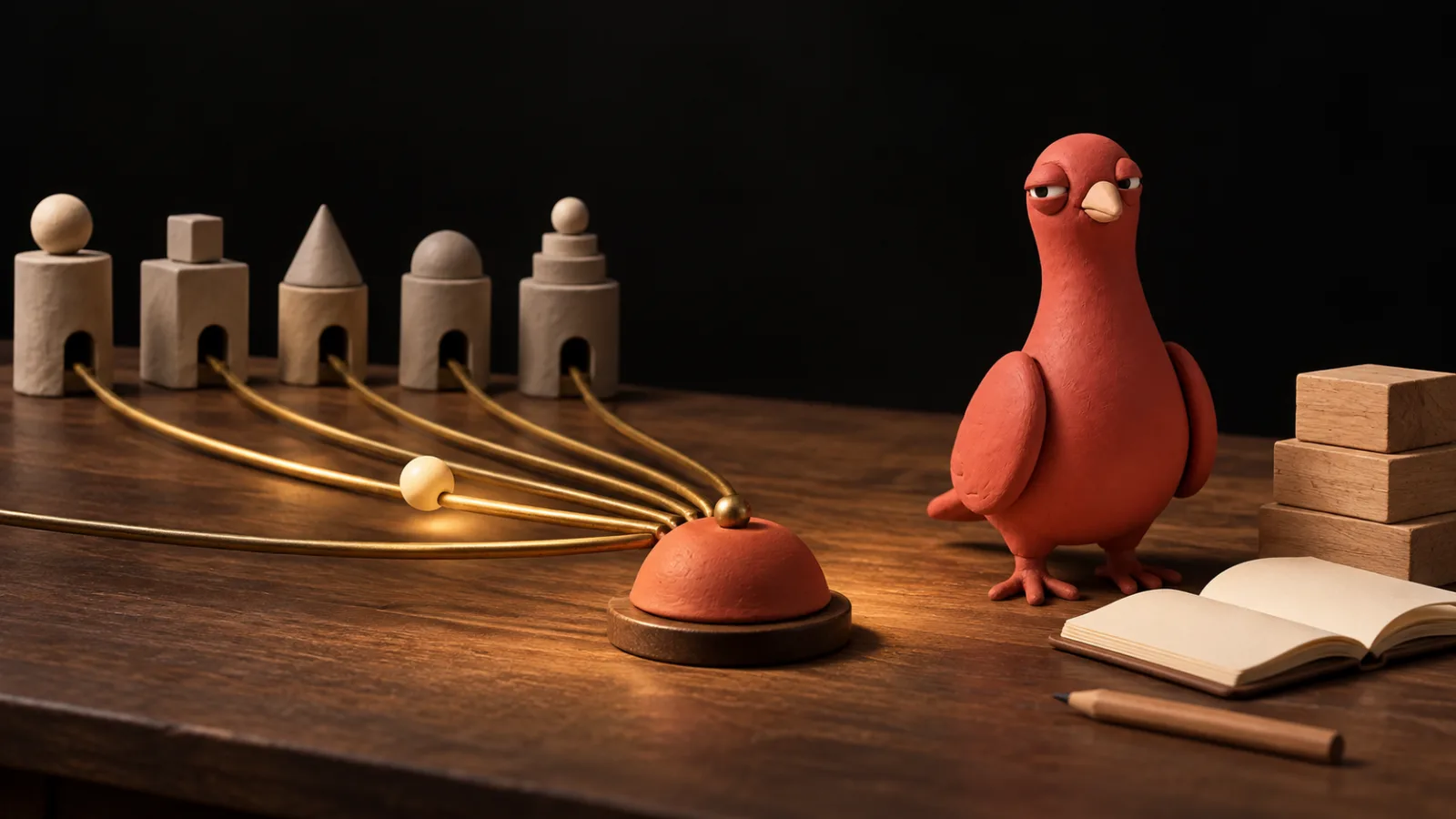 Five plain miniature source towers send brass tracks toward one terracotta bell while Pingo glances over from an unlettered notebook.