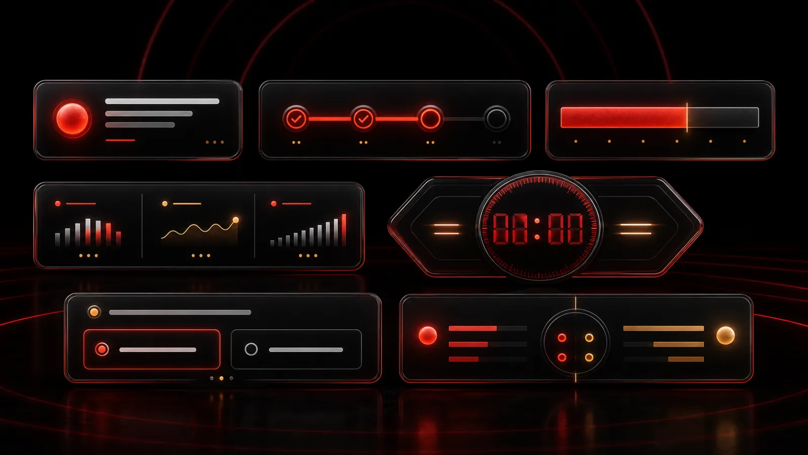 Status, Steps, Progress, Metrics, Countdown, Decision, and Matchup shown as a coherent Live Activity family.