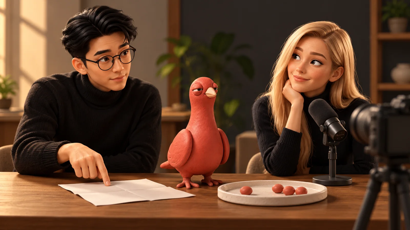A producer points to a blank run sheet while a host looks up from a microphone; Pingo stands beside one separated cue token and three remaining tokens.