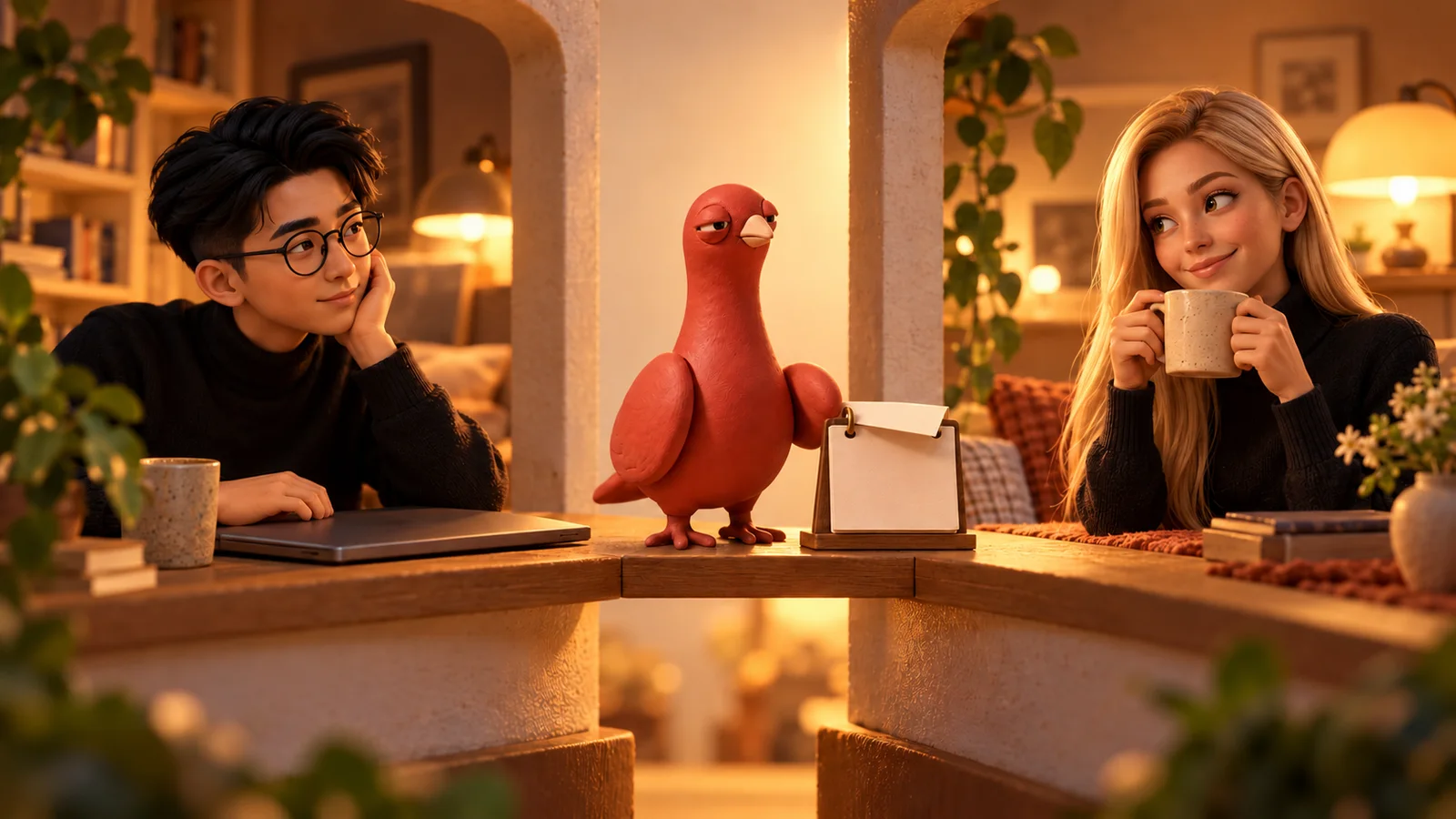Two PingRoom avatars share an agreed overlap window in miniature rooms while Pingo closes a small unlettered day card.