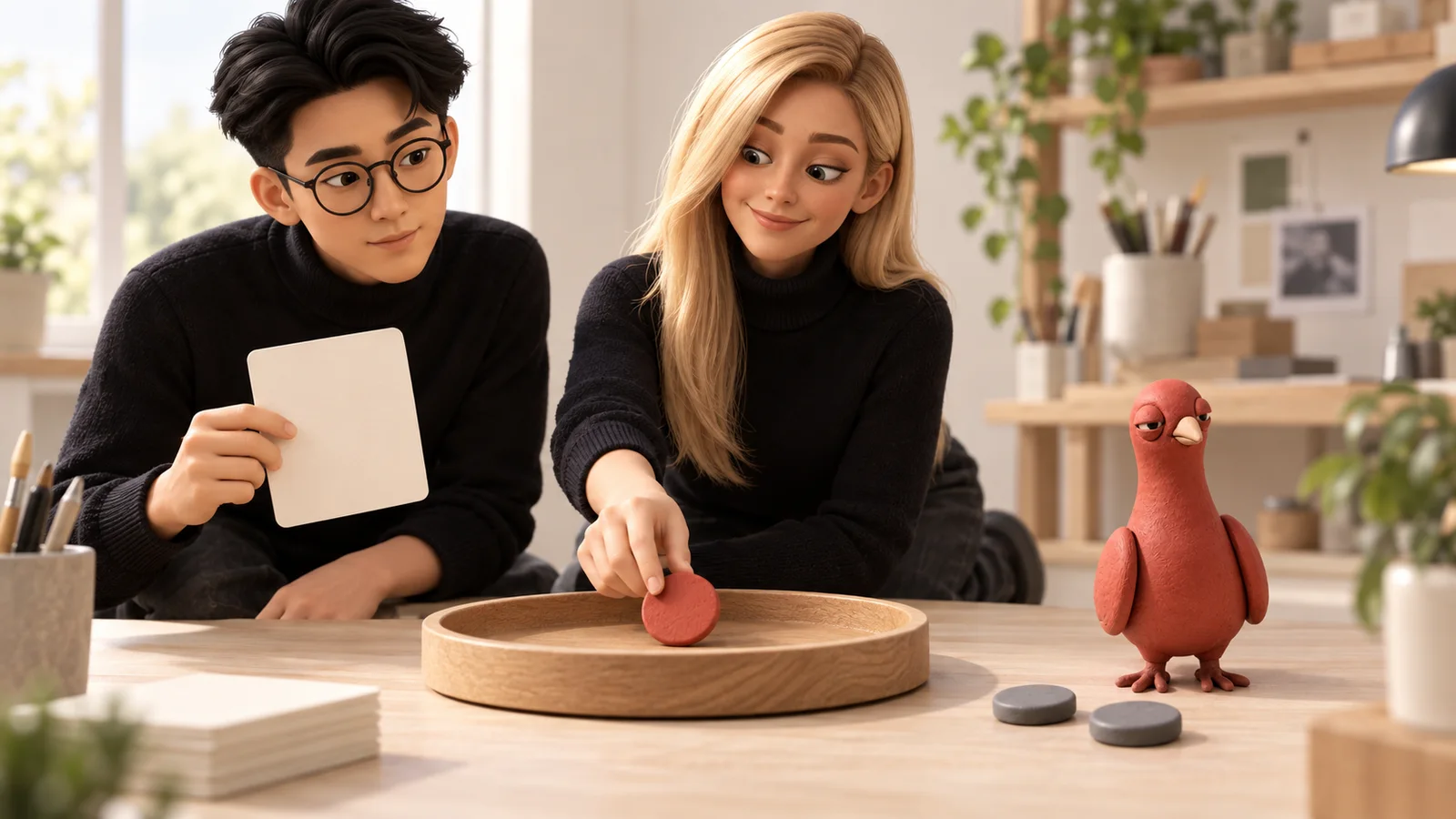 Two PingRoom avatars place one red result token in a shared wooden tray while Pingo keeps two gray excess tokens outside.