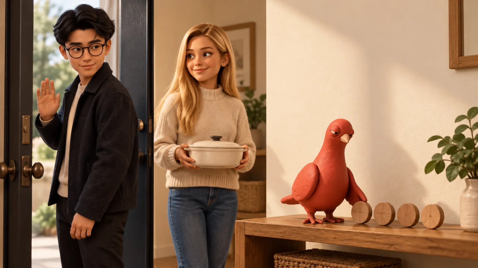 A recipient accepts a covered dish in a quiet entryway while the meal giver prepares to leave and Pingo watches beside four plain wooden markers.
