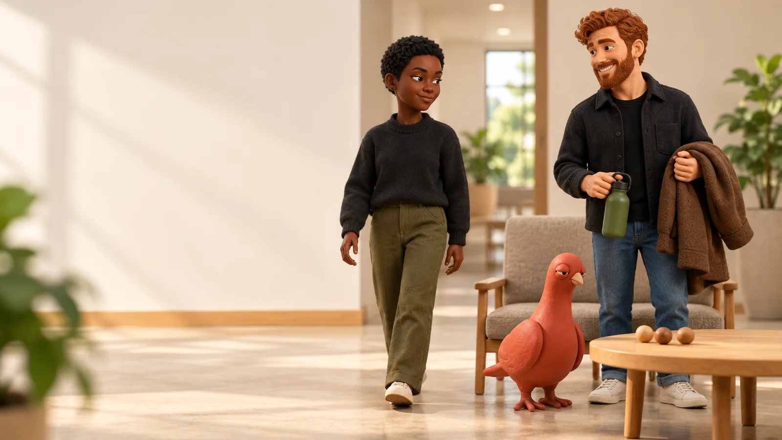 One companion returns through a public lobby while another gathers a coat and water bottle, with Pingo beside an empty chair.