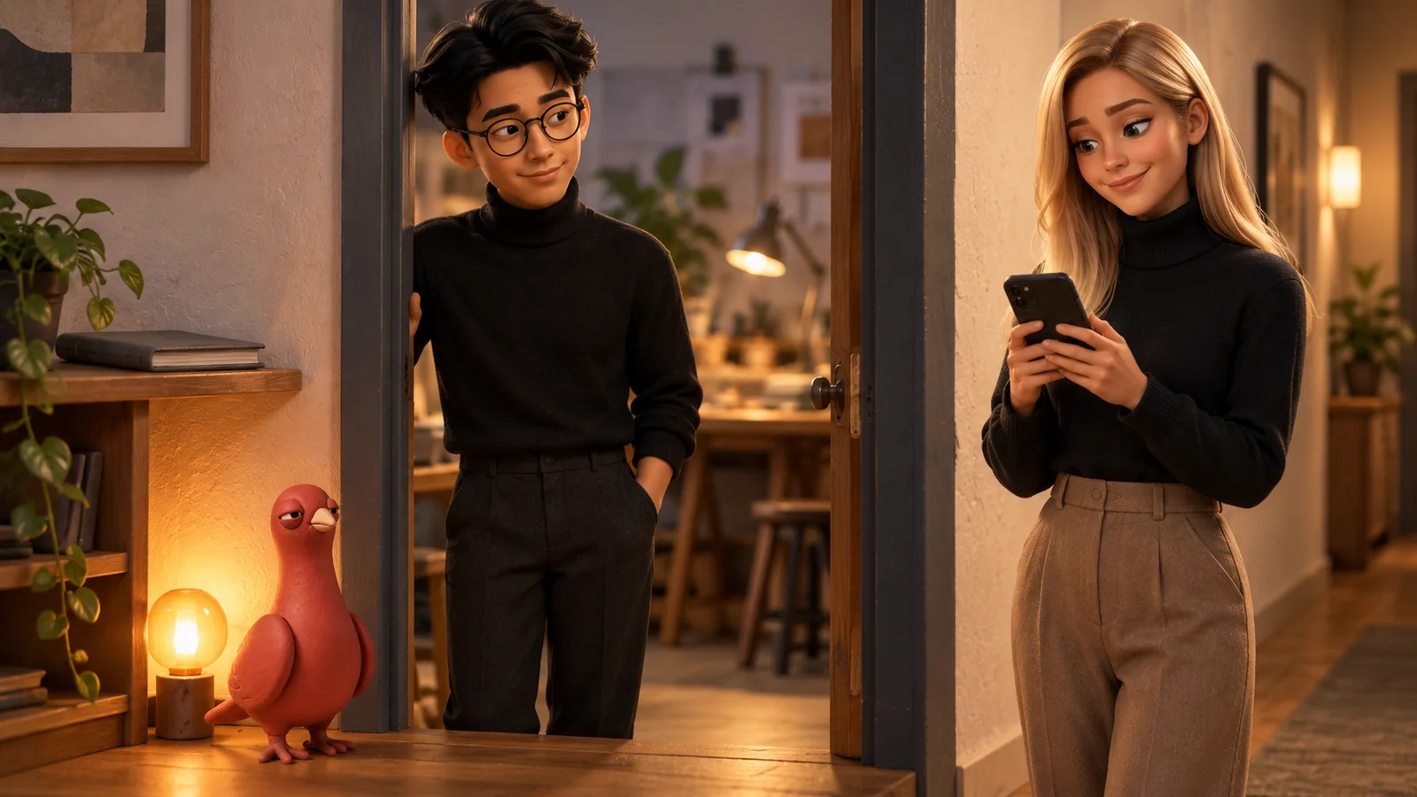 Two PingRoom avatars stand by a studio doorway after a project handoff while one checks a phone and Pingo waits beside a small signal lamp.