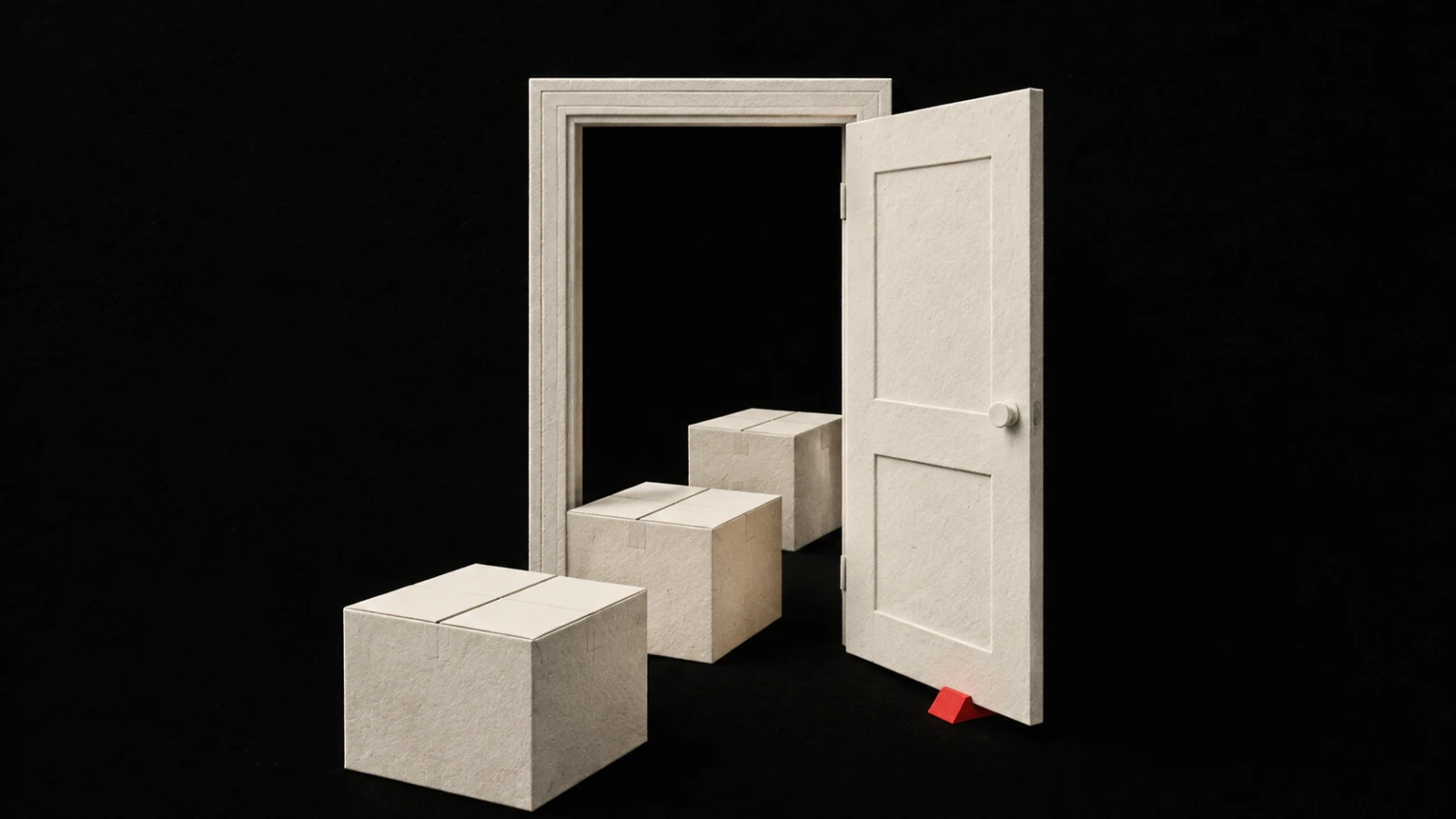 Three ivory moving boxes line up through an open doorway held by a small red wedge.
