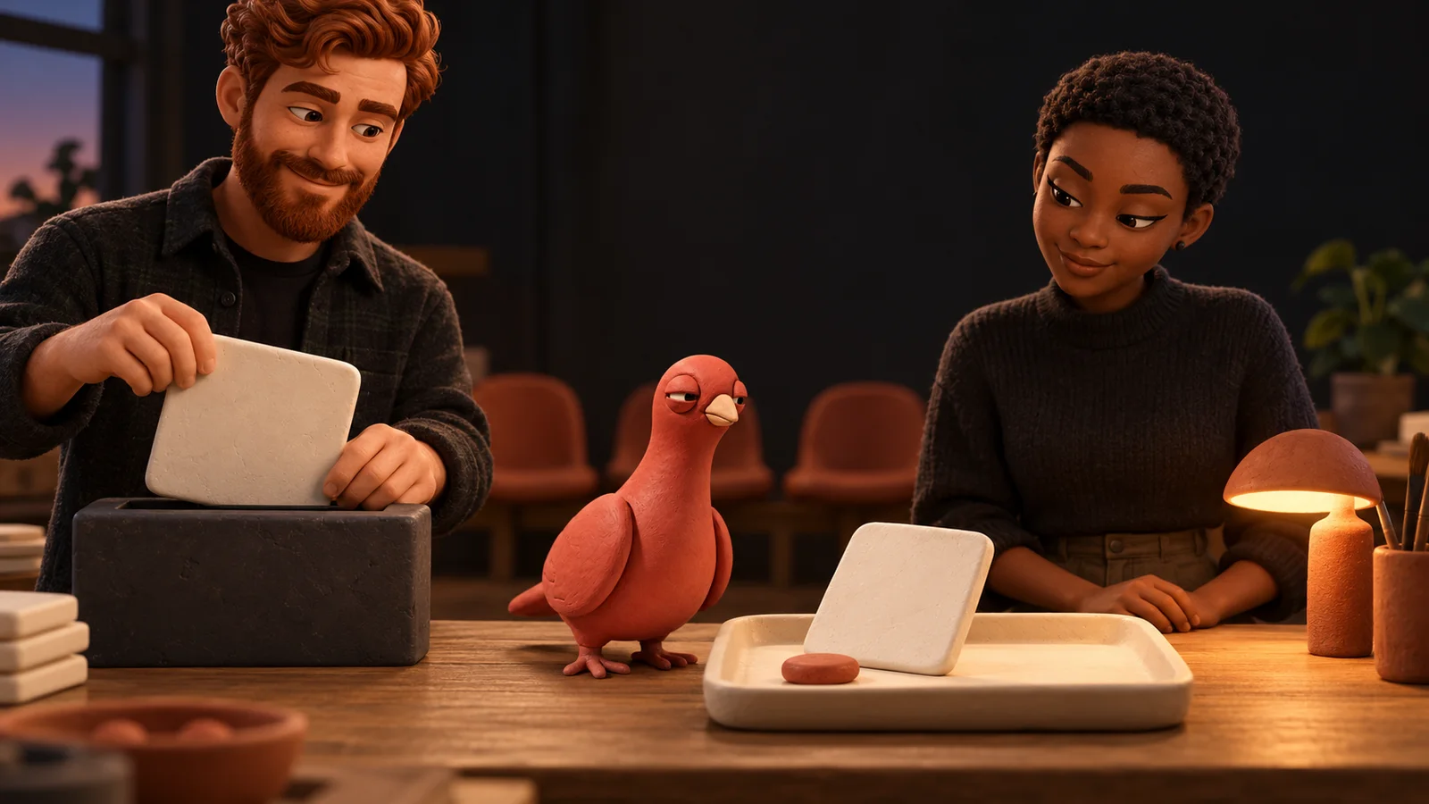Two PingRoom avatars replace one plain release-link tile in a miniature review workshop while Pingo watches the correction.