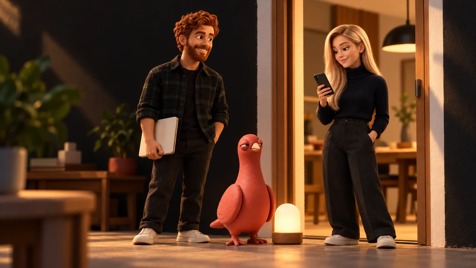 Two PingRoom avatars pause in a warm studio doorway while one checks a phone with its screen turned away and Pingo stands beside a small signal lamp.