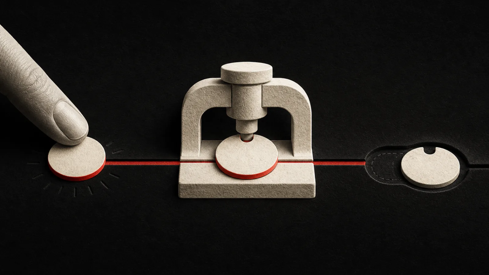 A fingertip creates one temporary ivory token; a stone registration press gives it a notch before the same token settles into one final groove.