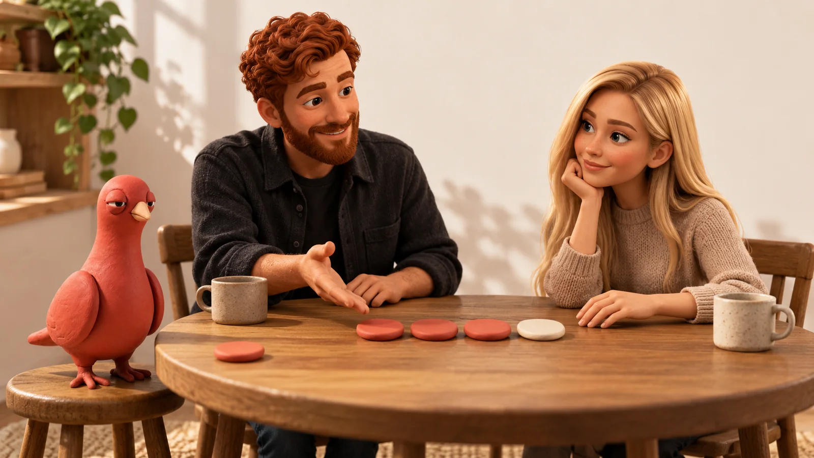 Two PingRoom avatars review four plain clay signal tiles at a small table while Pingo looks toward a fifth tile set aside.