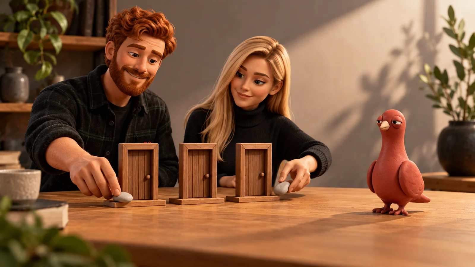 Two PingRoom avatars choose among three miniature Room doors while Pingo observes from the end of the table.