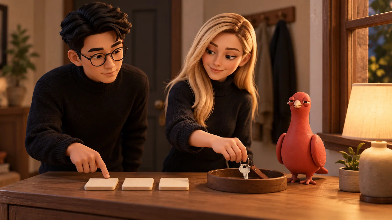 Two approved PingRoom avatars rehearse a short household checklist with blank wooden tokens while Pingo waits beside the completed tray.