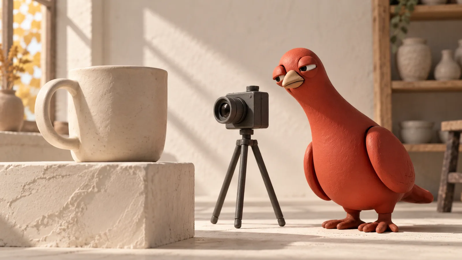 Pingo leans toward a small camera on a tripod beside a pale ceramic mug, in a warmly lit miniature pottery workshop.