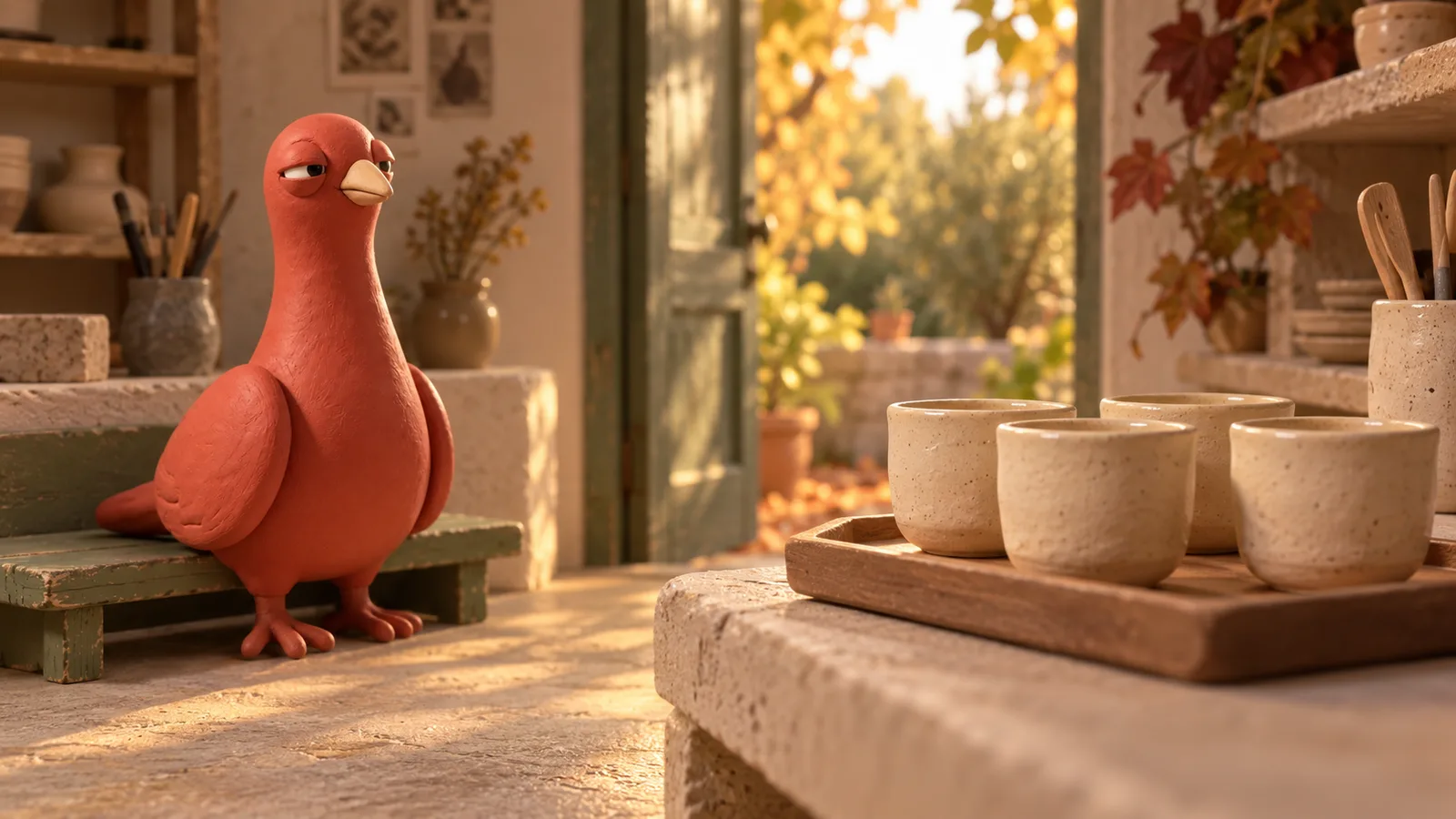 Pingo rests on a sage-green bench near a tray of finished cream cups, with late-afternoon light entering the workshop.