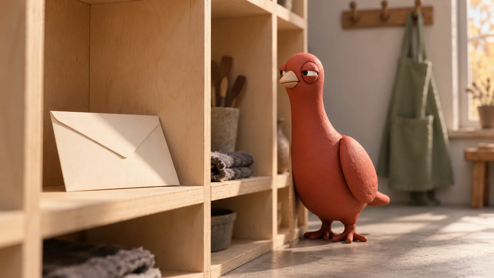 Pingo peeks around a row of wooden cubbies toward a blank envelope in the pottery workshop.