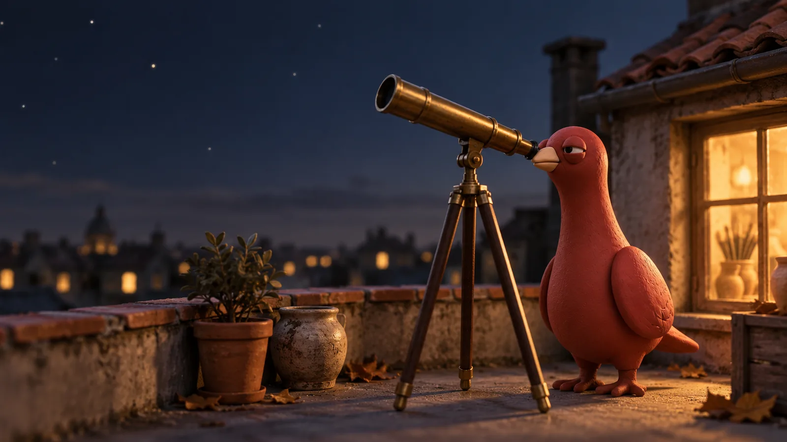 Pingo looks through a small telescope on the pottery workshop rooftop at dusk, beside two ceramic pots.