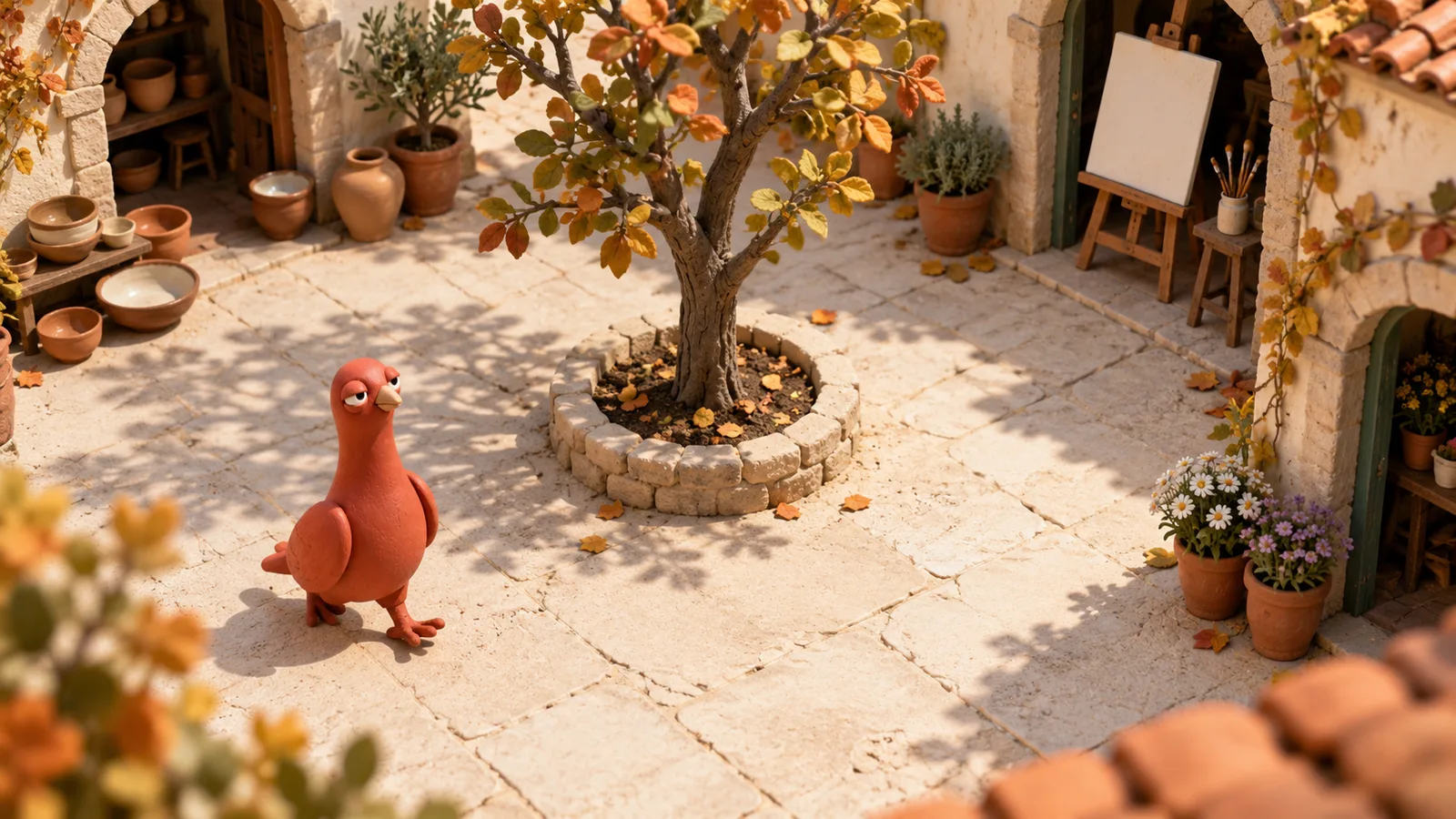 Seen from above, Pingo crosses a small courtyard shared by three workshop entrances with pottery, a blank canvas, and plants.