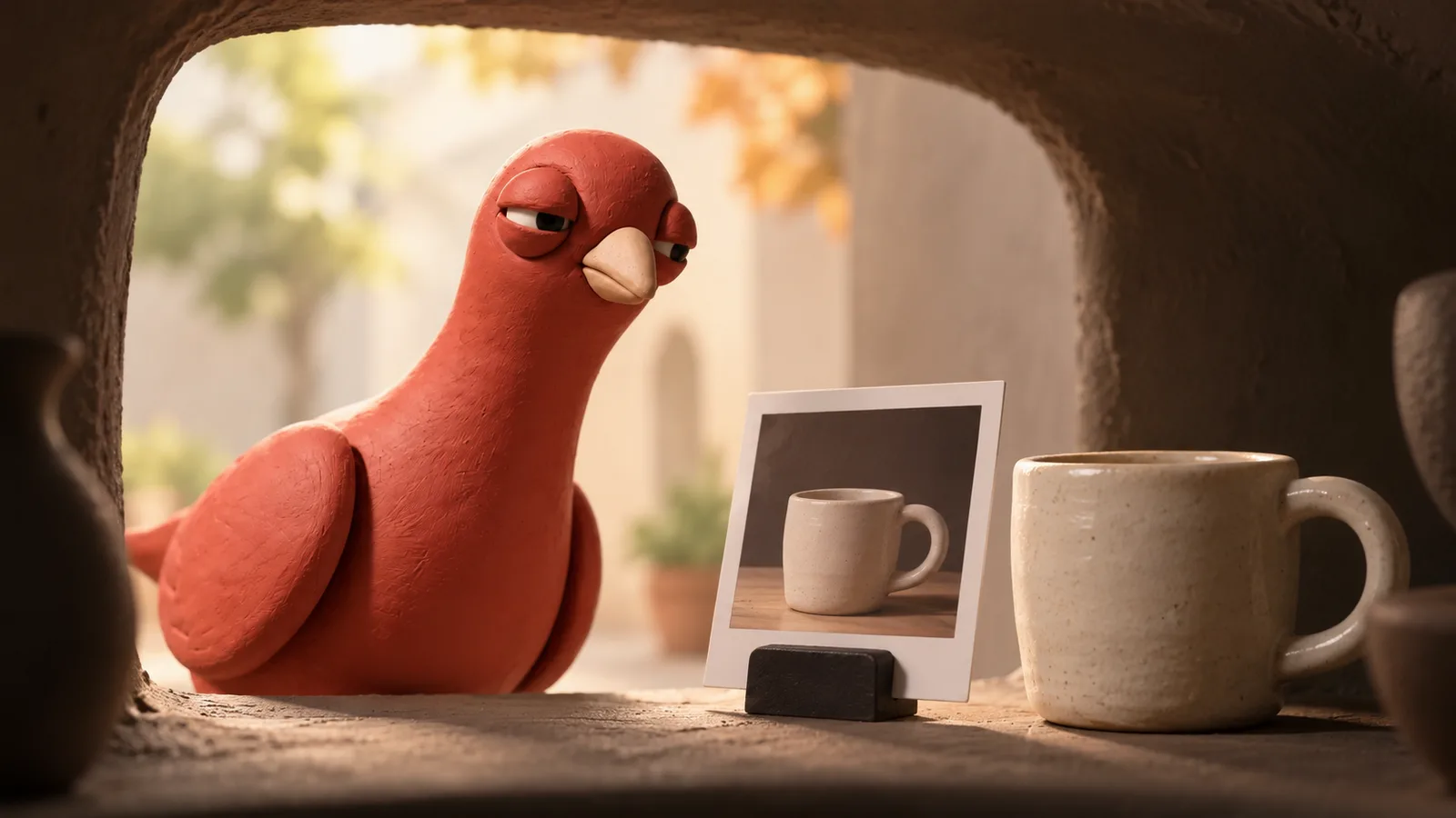 Pingo leans into a pottery display niche beside a small photograph of a mug and the mug itself.