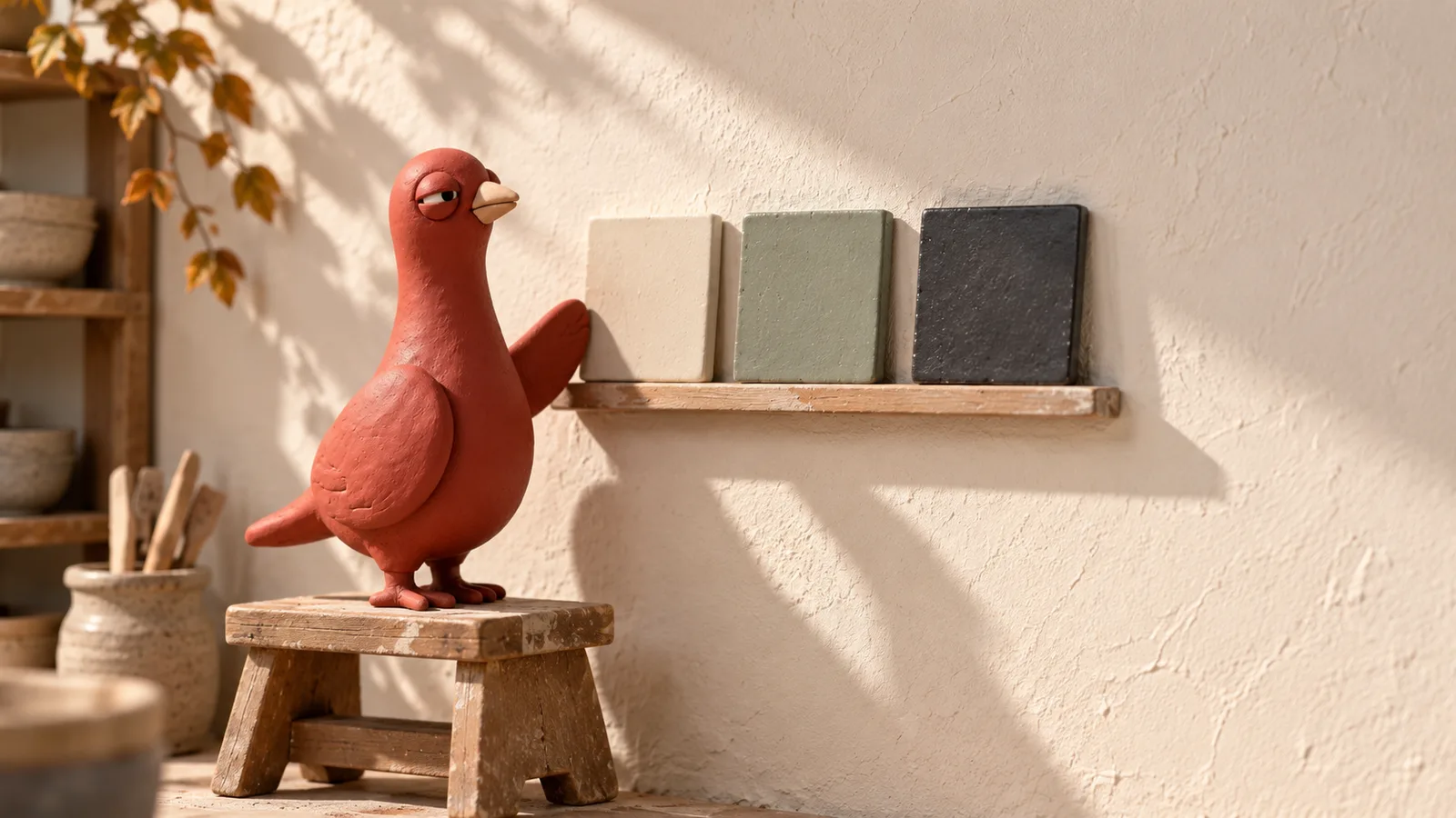 Pingo stands on a low stool beside three plain ceramic sample tiles, with one oval wing raised toward their rail.