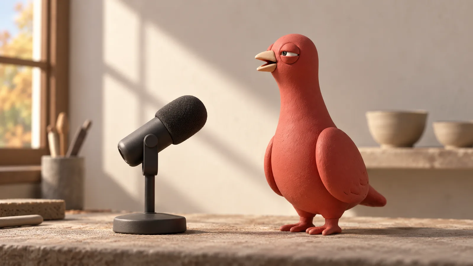 In side profile, Pingo faces a small microphone with his beak slightly open in the quiet pottery studio.