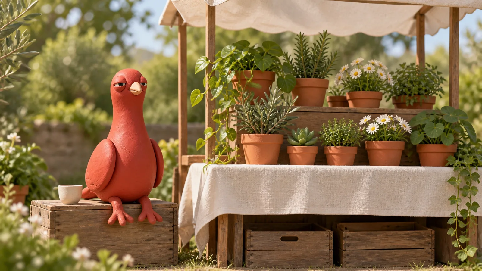 Pingo the Pigeon taking a quiet break beside the completed plant stall, with neatly arranged pots and packed-away crates.