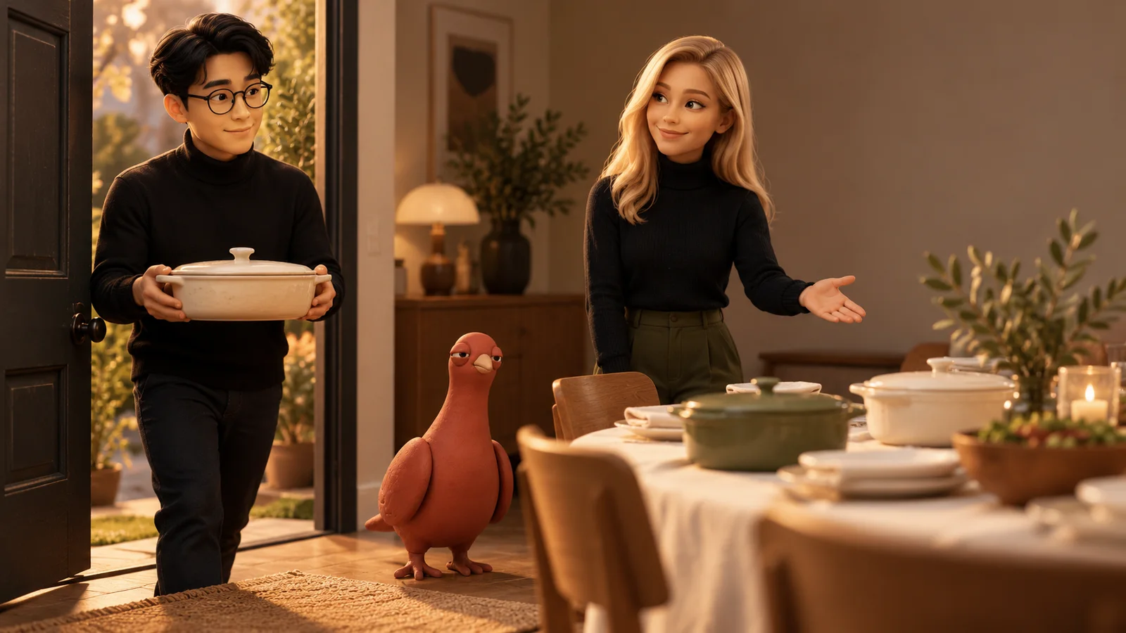Pingo stands beside a ready potluck table while one friend arrives at the doorway carrying a covered dish and another welcomes them.