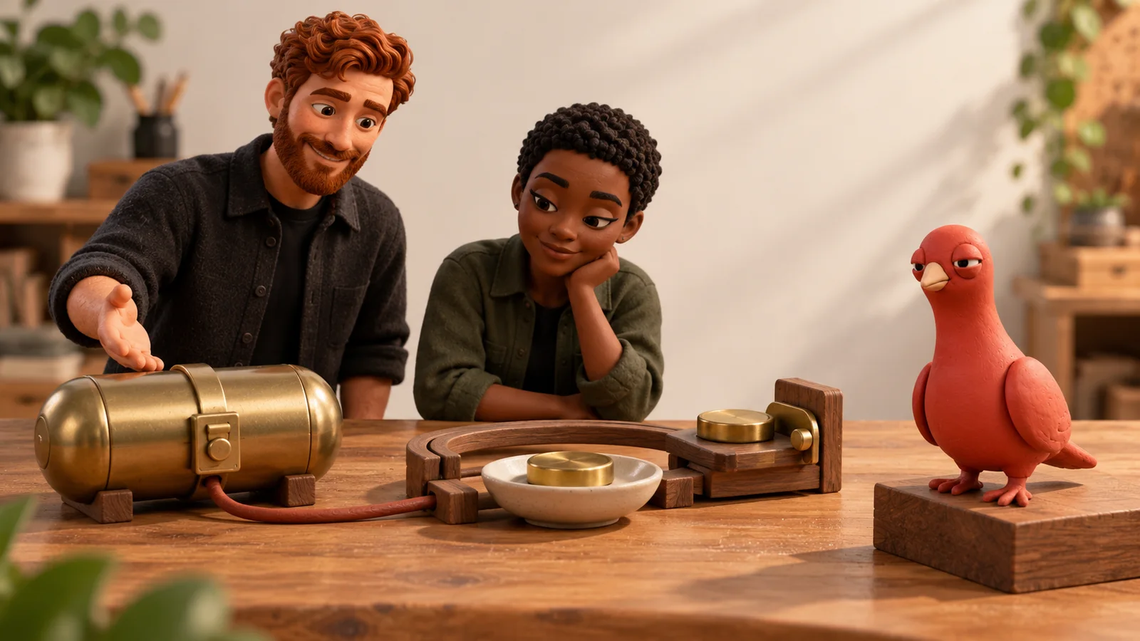 Two PingRoom avatars test a sealed brass URL capsule and a miniature retry loop while Pingo watches one returning token reach the same receiver.