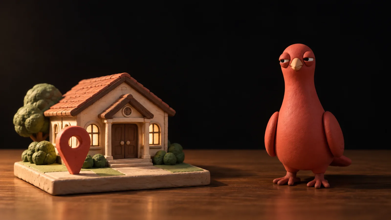 A miniature community hall has one terracotta location marker on its base while Pingo stands separately on an unmarked wooden surface.