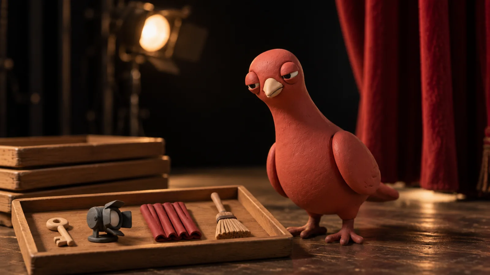 Pingo leans toward an open wooden tray holding a key, stage light, folded curtain, and broom, while three trays remain stacked nearby.