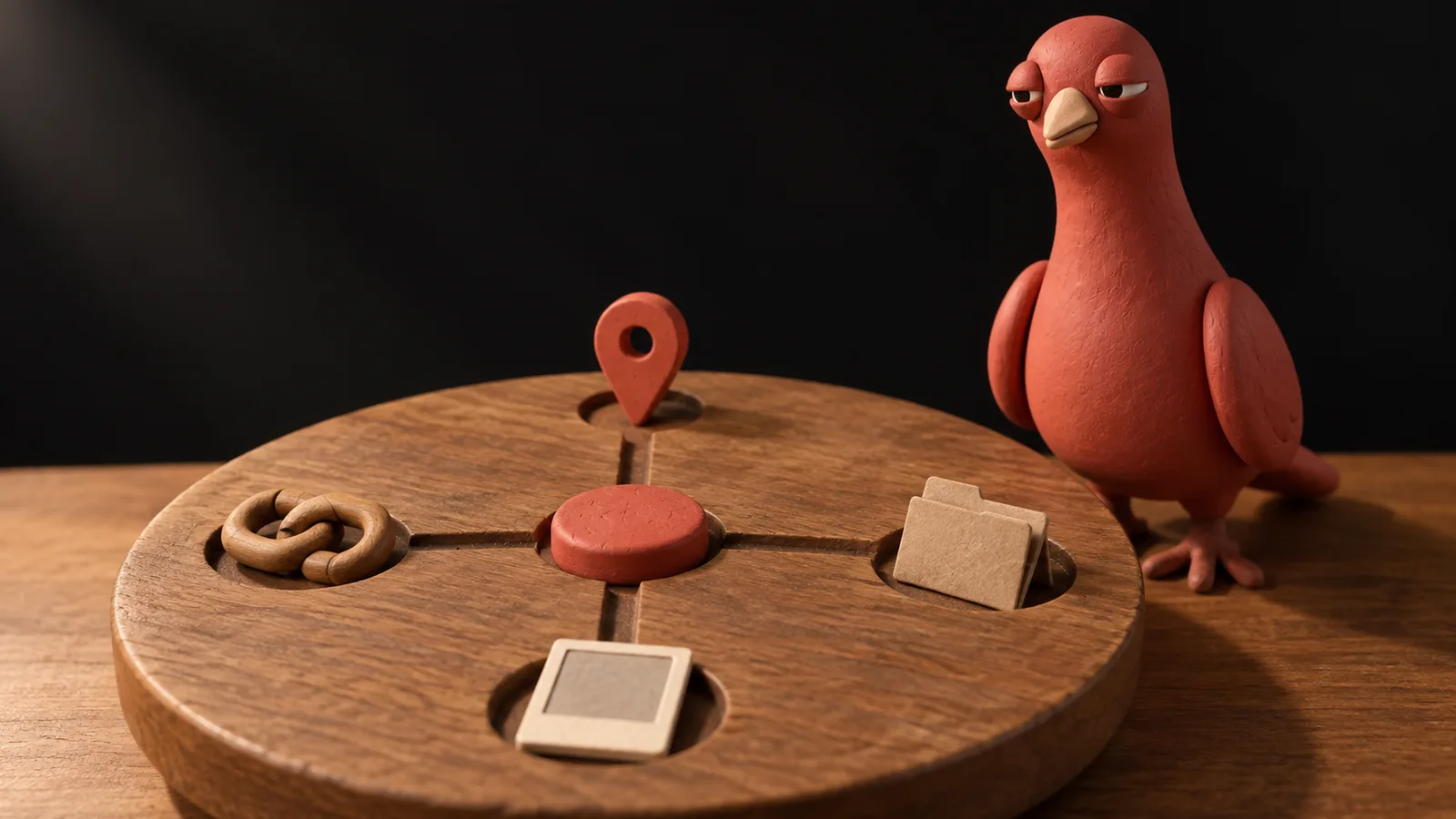 Pingo stands beside a physical red Ping token connected to four unlettered detail tokens on a miniature sorting table.