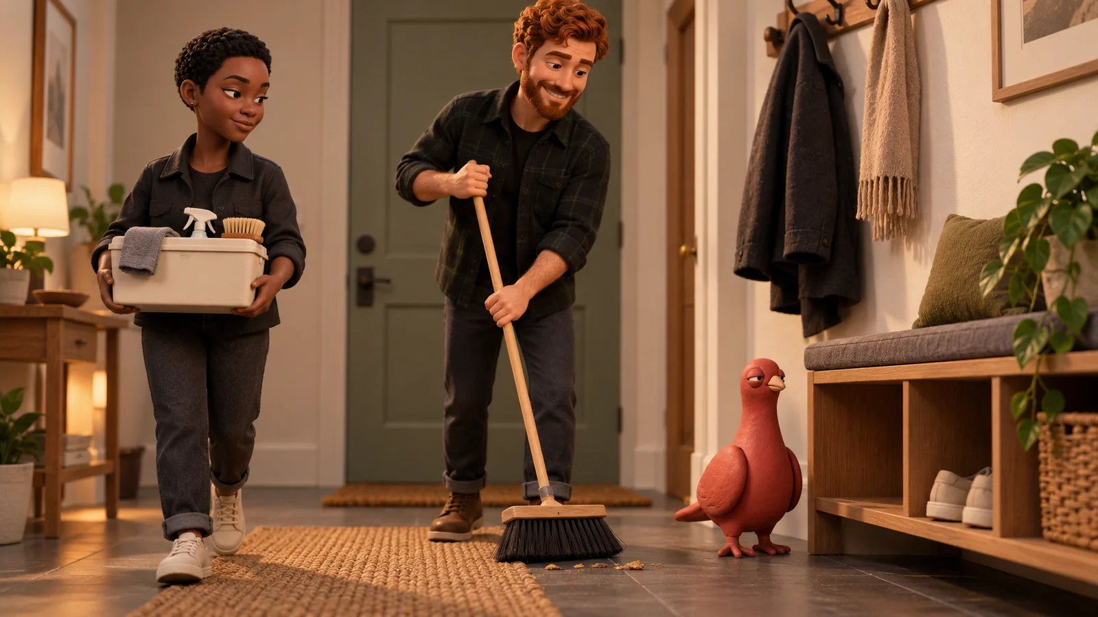 One PingRoom avatar sweeps a shared hallway while another carries a cleaning caddy and Pingo waits beside the storage bench.