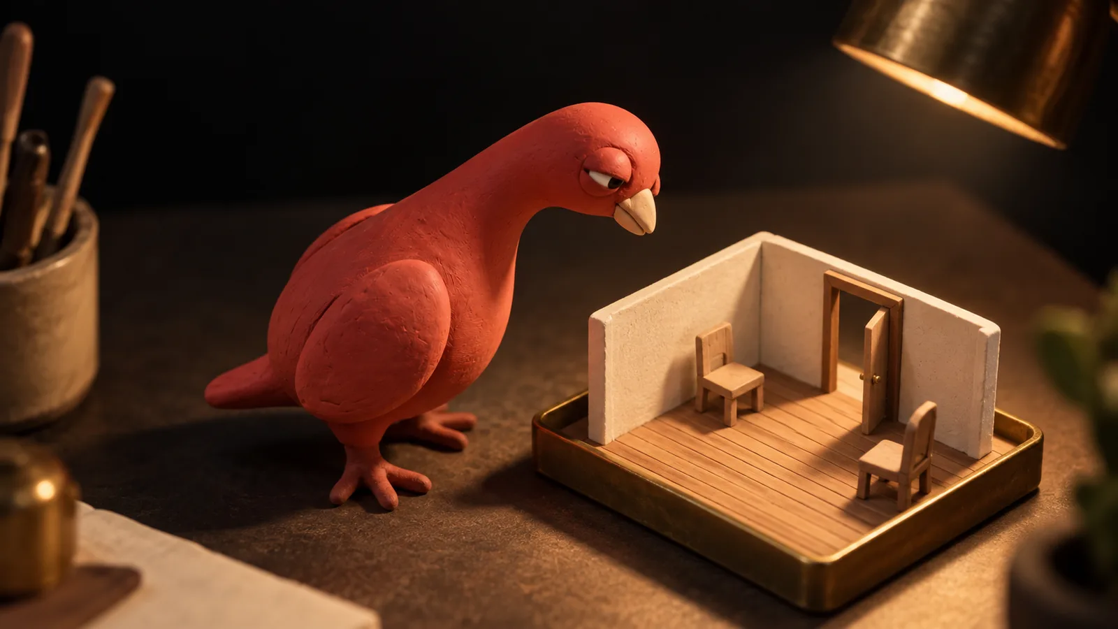 Pingo bends over a miniature open room with two chairs and a doorway, inspecting it from above.