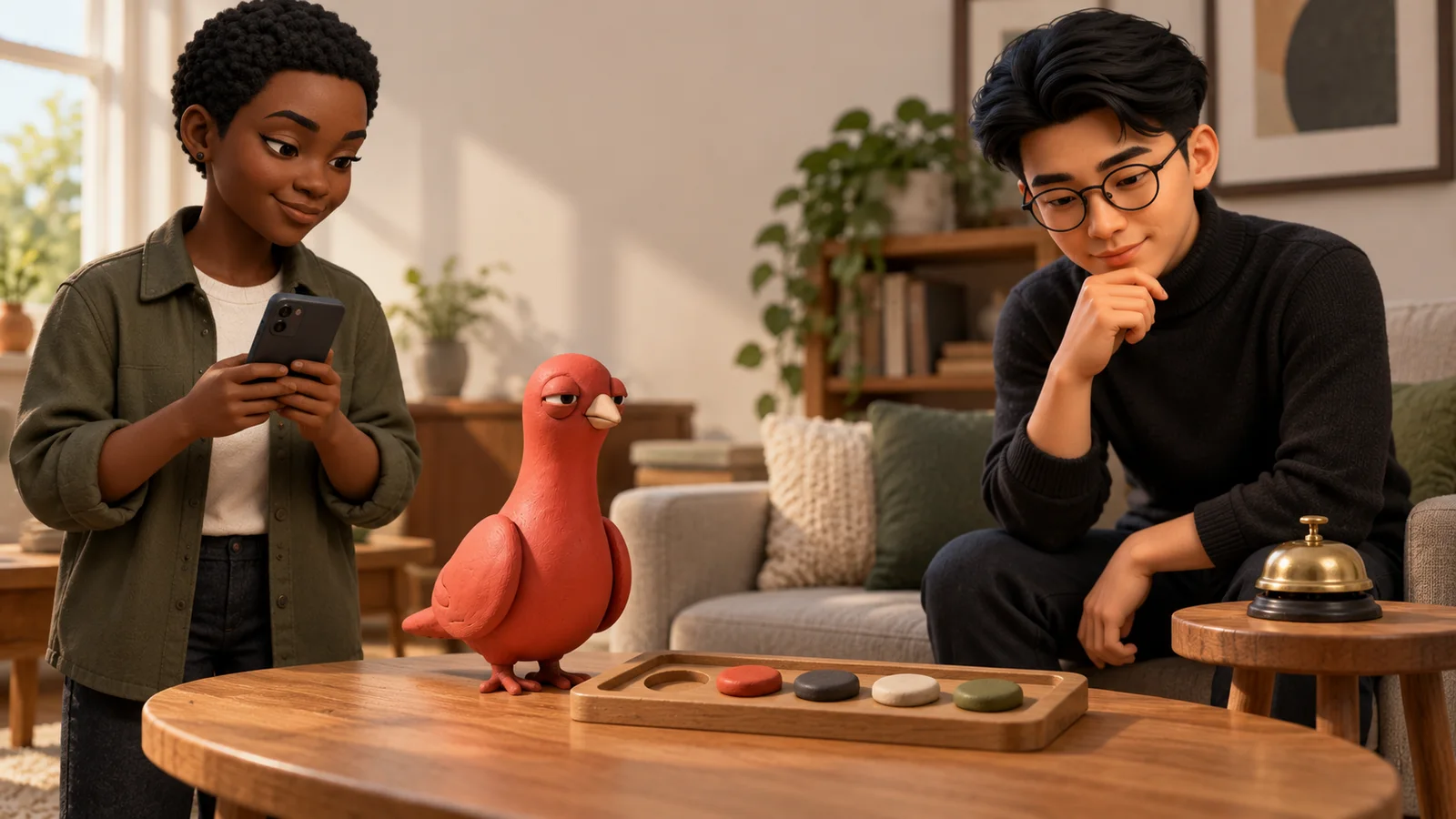 Two PingRoom avatars rehearse a one-tap signal beside an ordered token tray while Pingo inspects the empty first position.