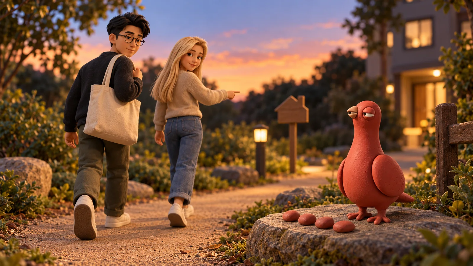Two PingRoom avatars start walking home along a dusk park path while Pingo stands beside four clay status pebbles.