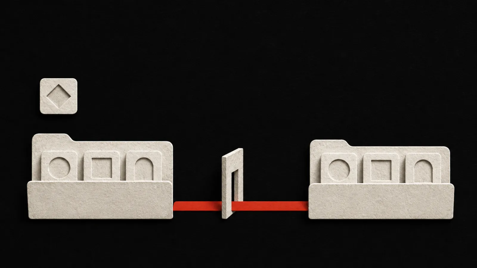 Three ivory Room tiles appear in matching folders on either side of a red path and doorway, while a fourth tile remains outside the source folder.