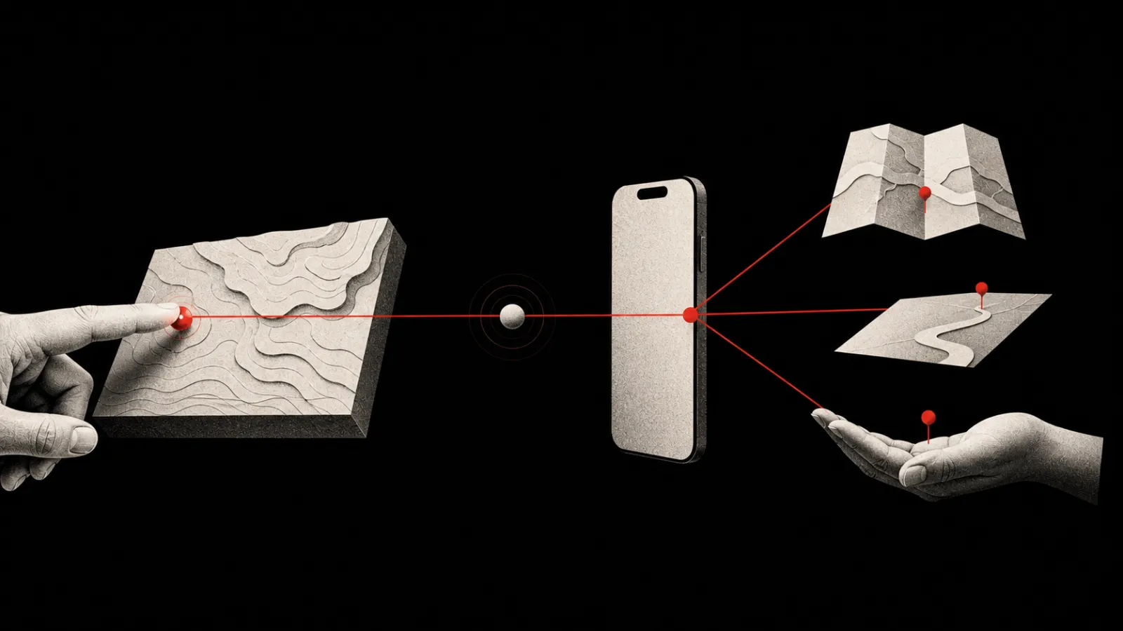 One selected map point travels with a Ping to a phone, then branches to map, navigation, and sharing actions.